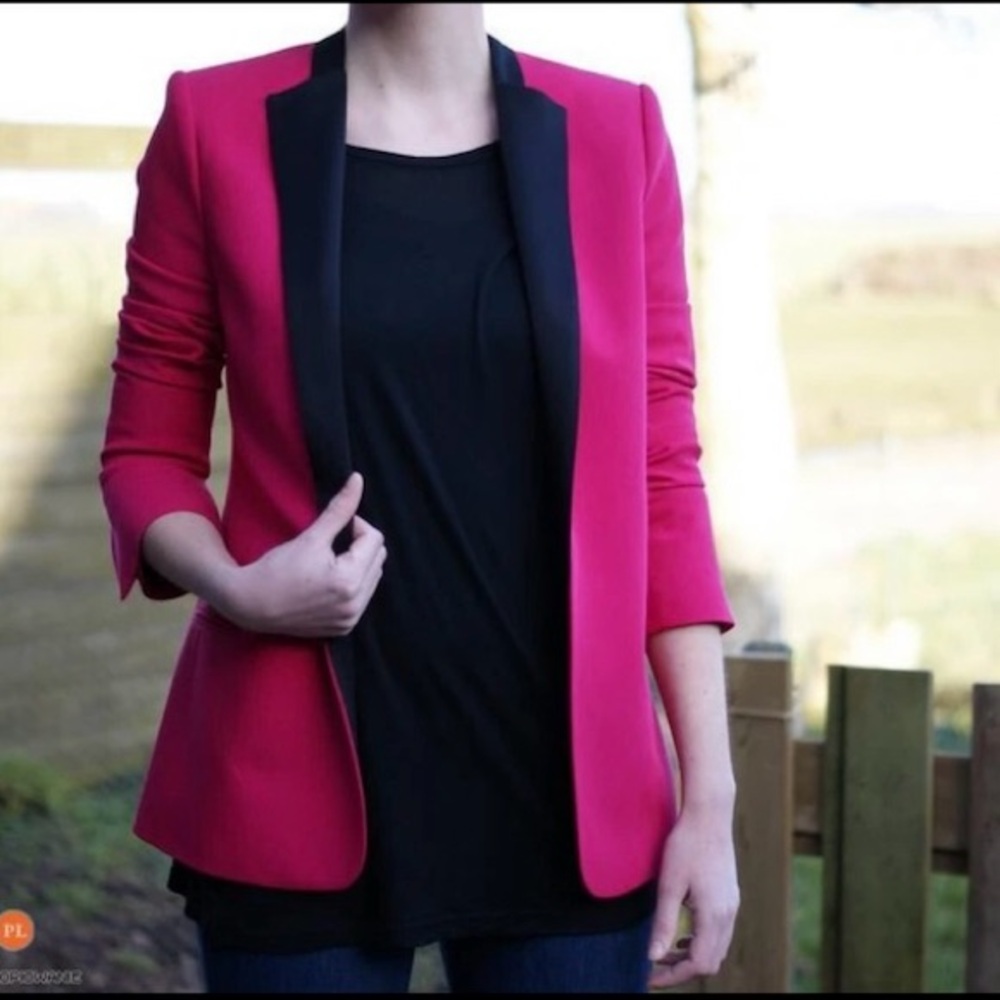 Zara Woman Studio Pink Blue Satin Lapel Women’s 100% Wool Blazer Jacket Sz XS - Picture 8 of 11